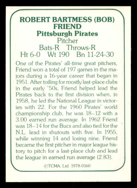 1978 TCMA #160 Bob Friend Pirates Signed Autographed