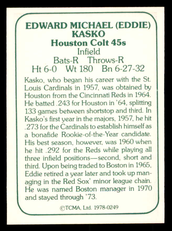 1978 TCMA #249 Eddie Kasko Colt .45s Signed Autographed