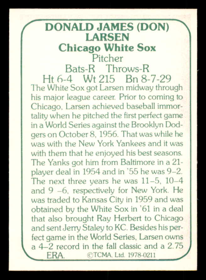 1978 TCMA #211 Don Larsen White Sox Signed Autographed