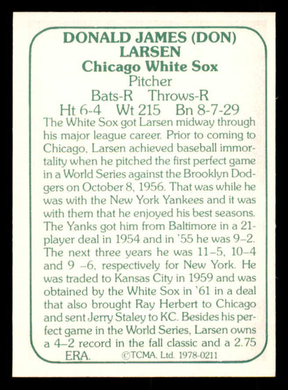 1978 TCMA #211 Don Larsen White Sox Signed Autographed