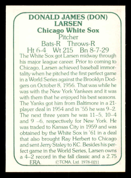 1978 TCMA #211 Don Larsen White Sox Signed Autographed