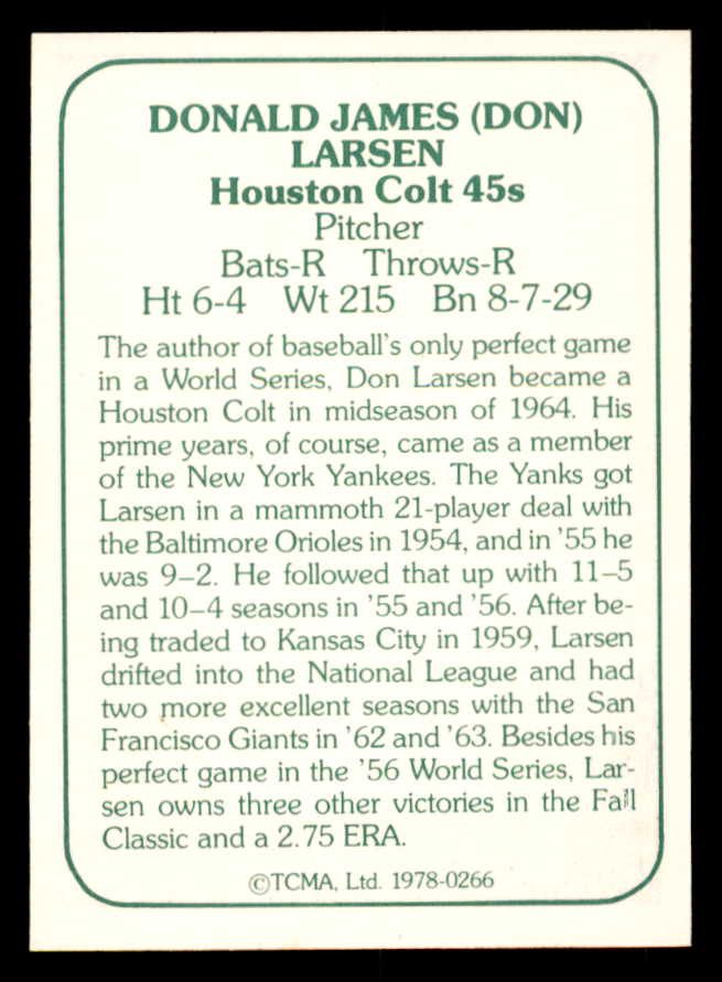 1978 TCMA #266 Don Larsen Colt .45s Signed Autographed