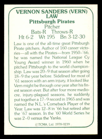 1978 TCMA #239 Vern Law Pirates Signed Autographed