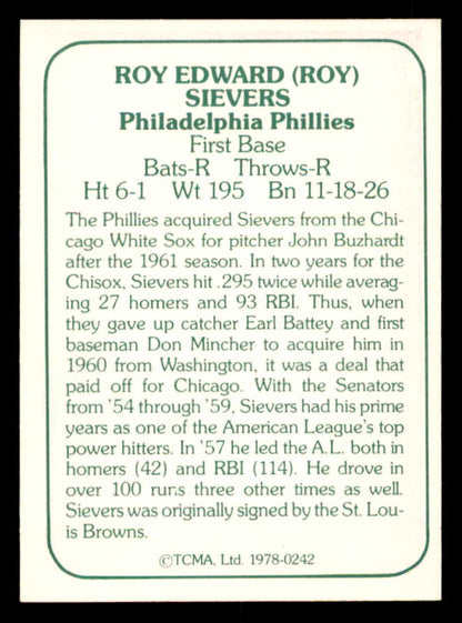 1978 TCMA #242 Roy Sievers Phillies Signed Autographed