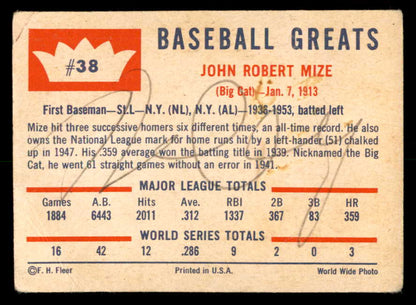 1960 Fleer #038 Johnny Mize Yankees Signed Autographed