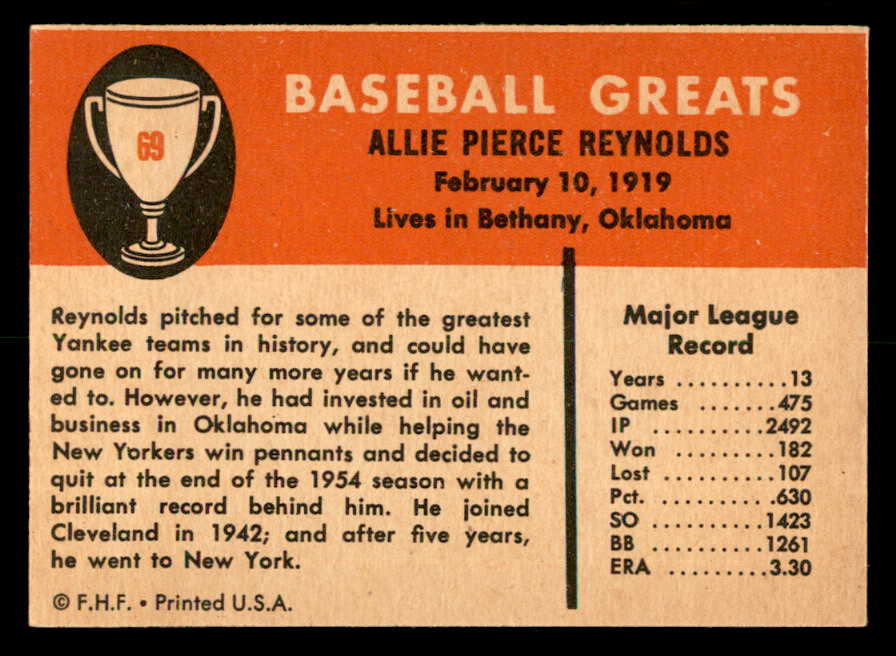 1961 Fleer #069 Allie Reynolds Yankees Signed Autographed