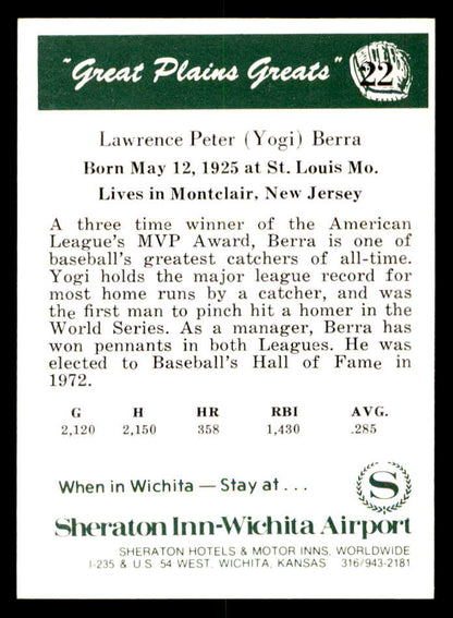 1975 Great Plains Greats #022 Yogi Berra Signed Autographed