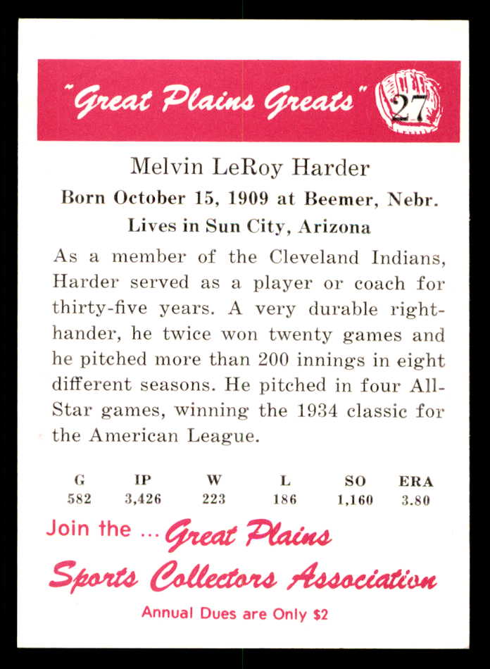 1975 Great Plains Greats #027 Mel Harder Signed Autographed
