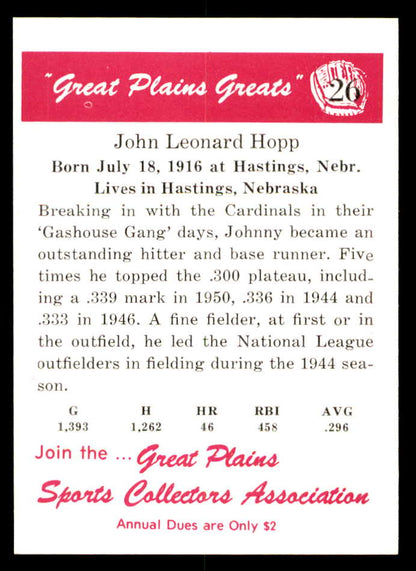 1975 Great Plains Greats #026 Johnny Hopp Signed Autographed
