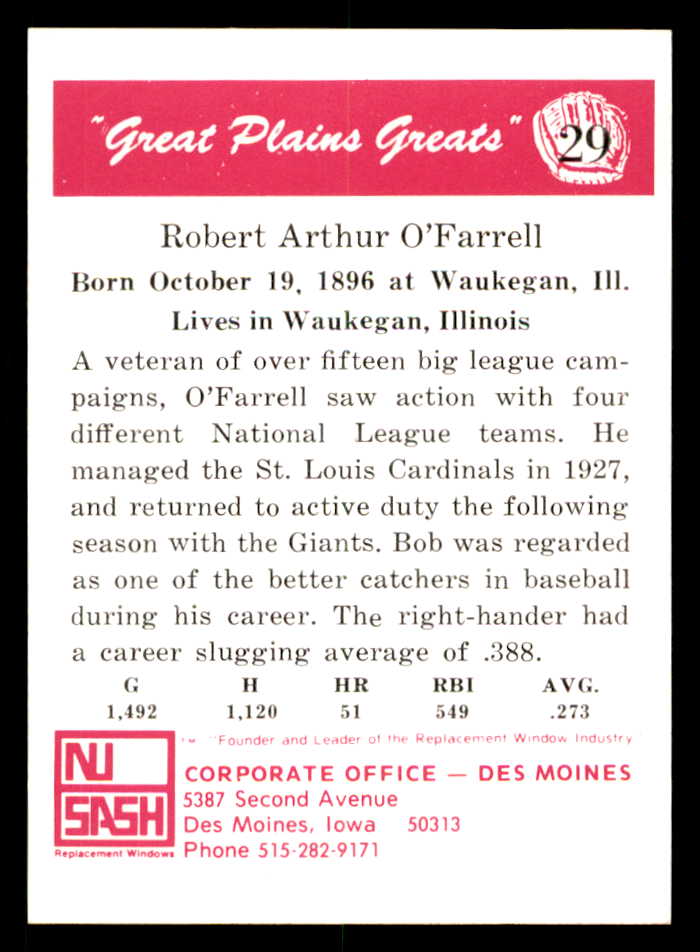 1975 Great Plains Greats #029 Bob O'Farrell Signed Autographed