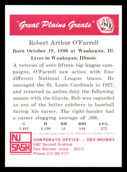 1975 Great Plains Greats #029 Bob O'Farrell Signed Autographed