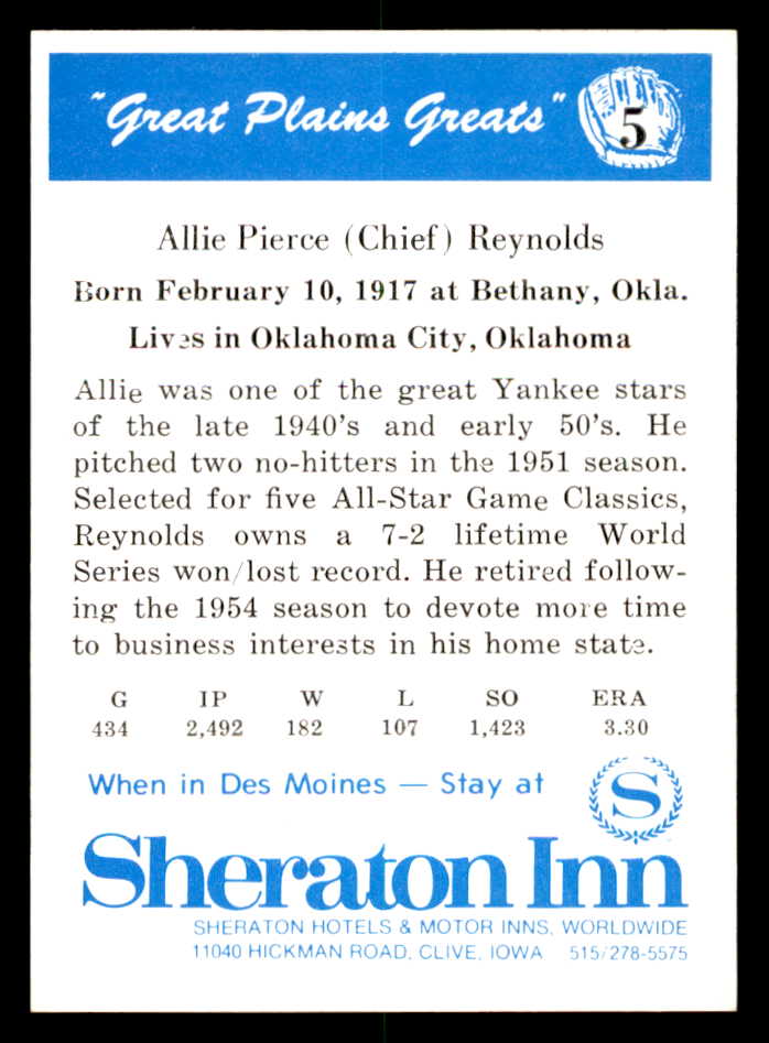 1975 Great Plains Greats #005 Allie Reynolds Signed Autographed