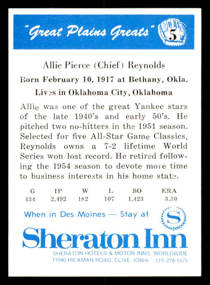1975 Great Plains Greats #005 Allie Reynolds Signed Autographed