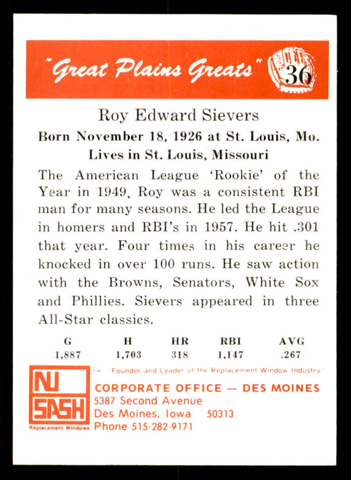 1975 Great Plains Greats #036 Roy Sievers Signed Autographed