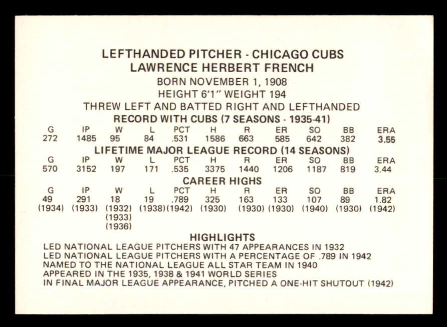 1976 Chicago Greats Larry French Cubs Signed Autographed