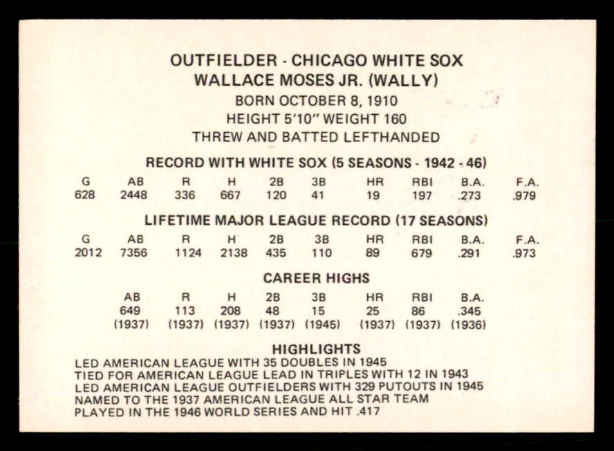 1976 Chicago Greats Wally Moses White Sox Signed Autographed