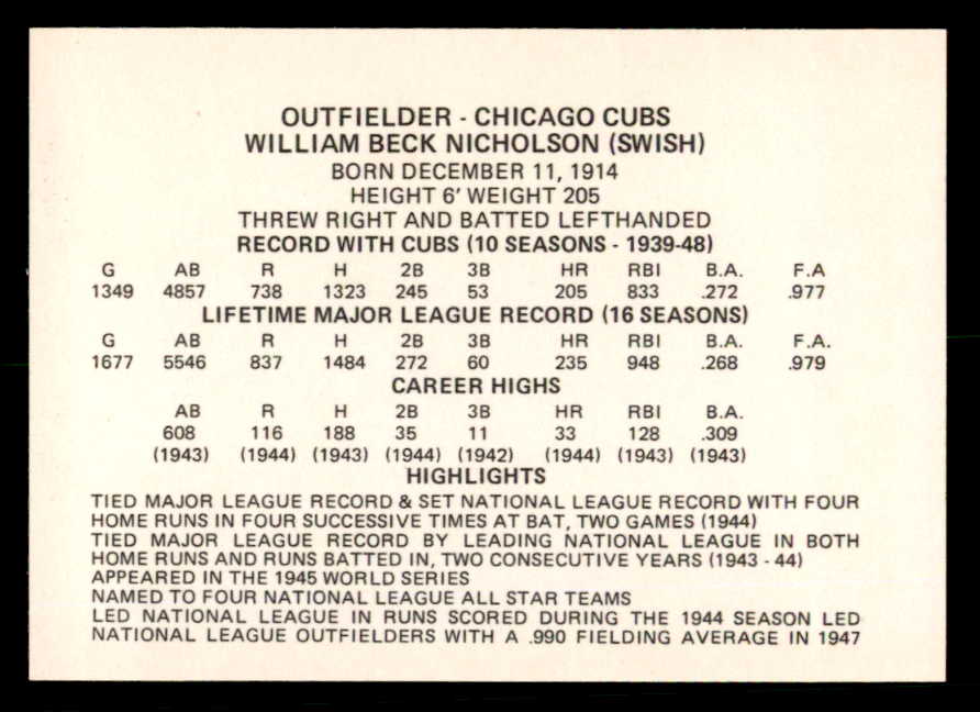 1976 Chicago Greats Bill Nicholson Cubs Signed Autographed