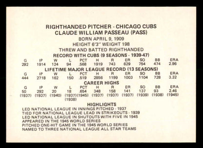 1976 Chicago Greats Claude Passeau Cubs Signed Autographed
