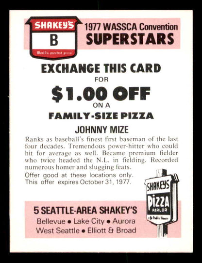 1977 Shakey's #00B Johnny Mize Giants Signed Autographed