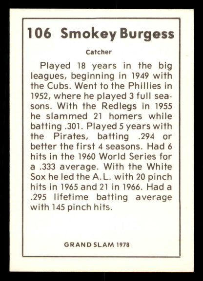 1978 Grand Slam #106 Smoky Burgess Reds Signed Autographed