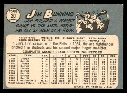 1965 Topps #020 Jim Bunning Phillies Signed Autographed