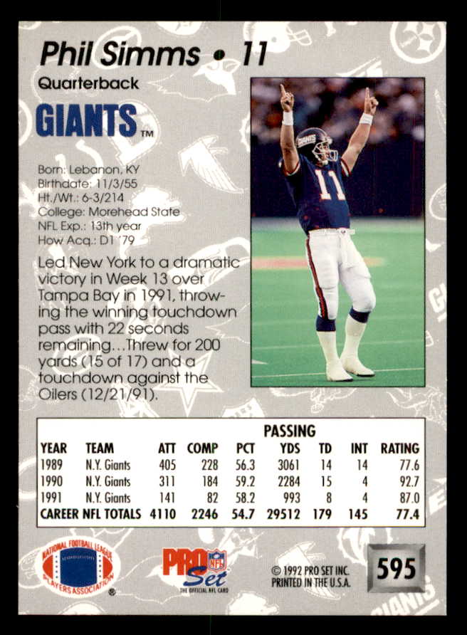 1992 Pro Set #595 Phil Simms Giants Signed Autographed