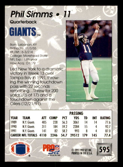 1992 Pro Set #595 Phil Simms Giants Signed Autographed