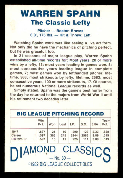 1982 Big League #030 Warren Spahn Braves Signed Autographed