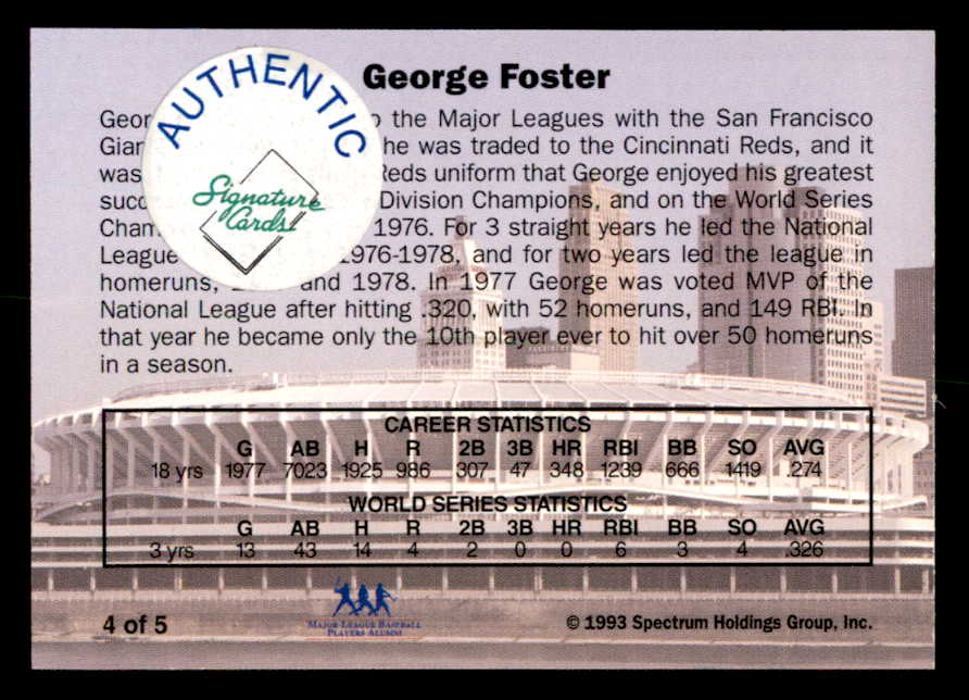 1993 Spectrum #004 George Foster Reds Signed Autographed