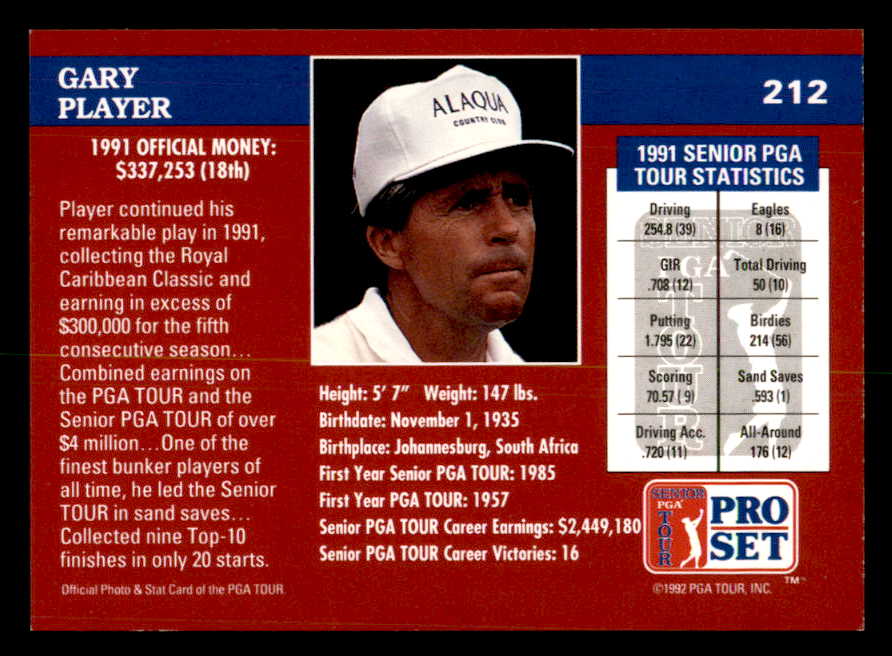 1992 Pro Set #212 Gary Player Golf Signed Autographed