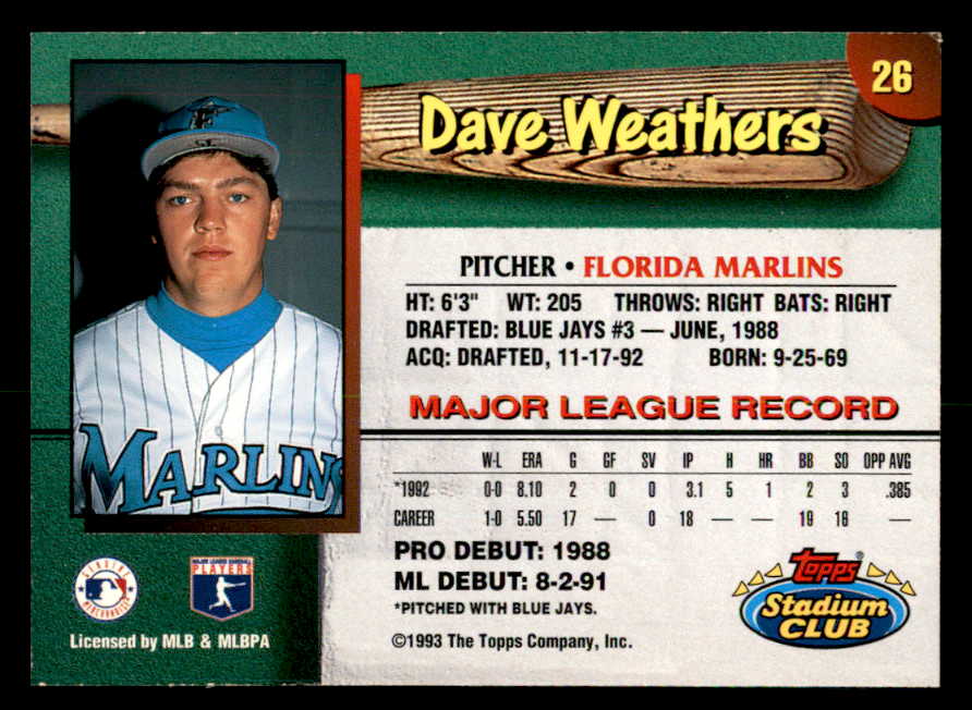 1993 Stadium Club #026 Dave Weathers Marlins Signed Autographed