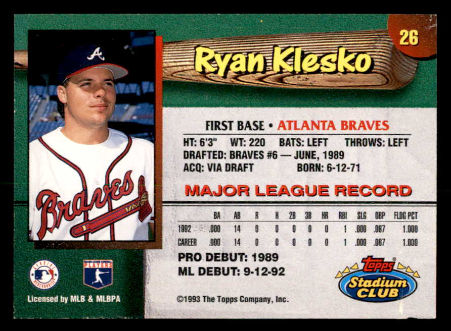 1993 Stadium Club #026 Ryan Klesko Braves Signed Autographed