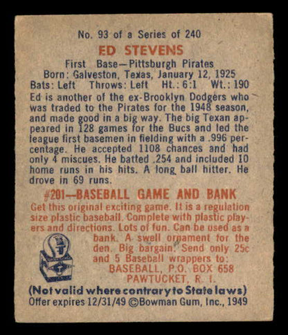 1949 Bowman #093 Ed Stevens Pirates Signed Autographed