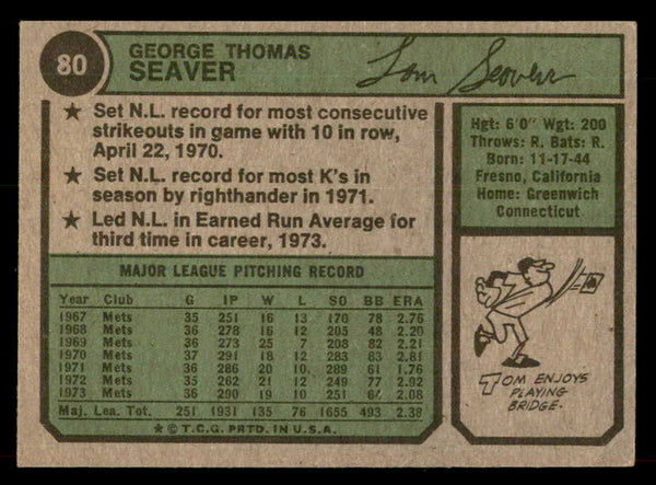 1974 Topps Baseball #080 Tom Seaver Mets VG-EX 546657