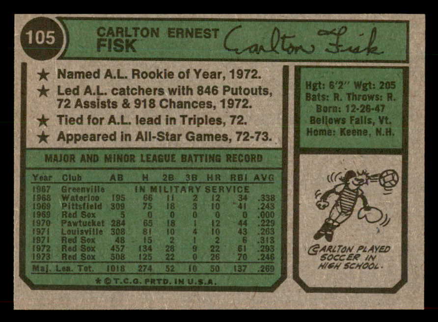 1974 Topps Baseball #105 Carlton Fisk Red Sox NR-MT 546663