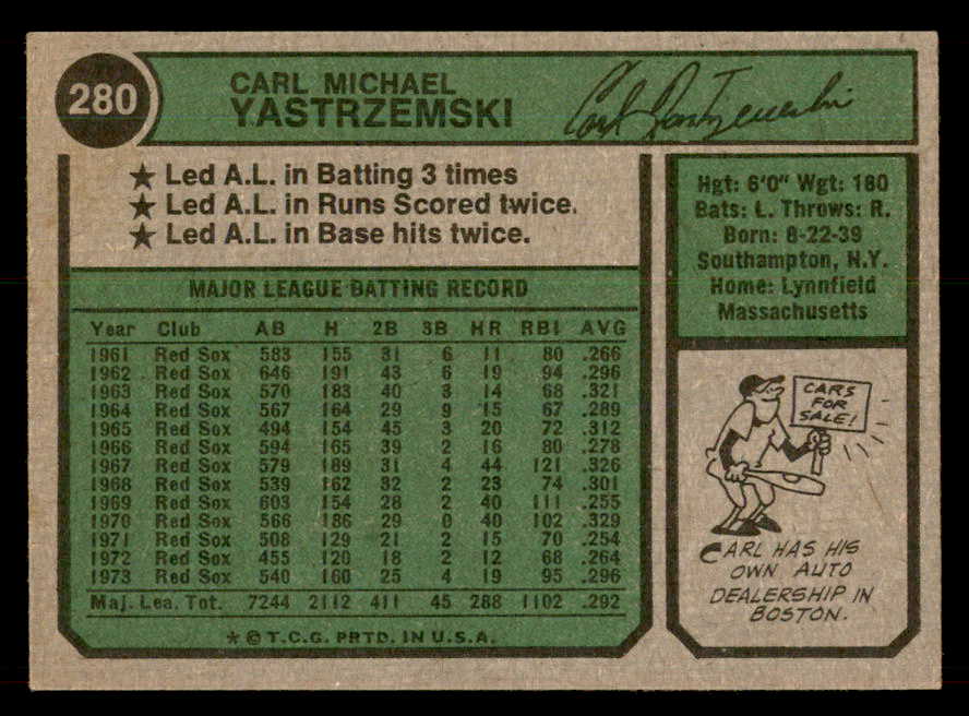 1974 Topps Baseball #280 Carl Yastrzemski Red Sox EX 546664