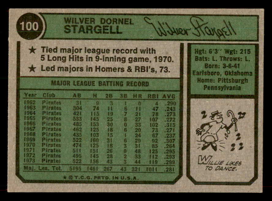 1974 Topps Baseball #100 Willie Stargell Pirates EX-MT 546670