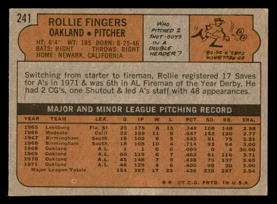 1972 Topps Baseball #241 Rollie Fingers A's VG-EX 546688