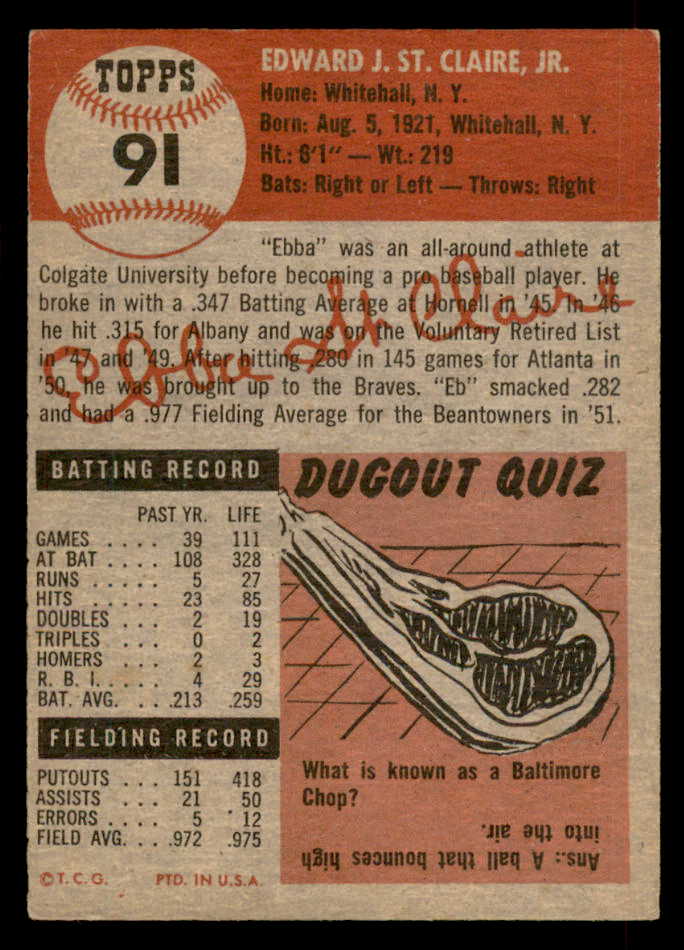 1953 Topps Baseball #091 Ebba St. Claire Braves EX 546755