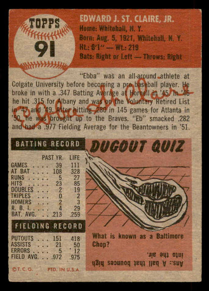 1953 Topps Baseball #091 Ebba St. Claire Braves EX 546755