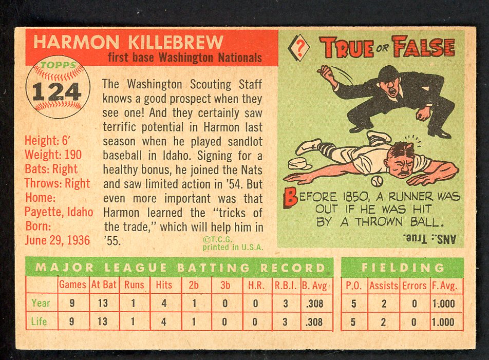 1955 Topps Baseball #124 Harmon Killebrew Senators EX-MT oc 546934