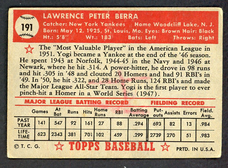 1952 Topps Baseball #191 Yogi Berra Yankees Good 546939