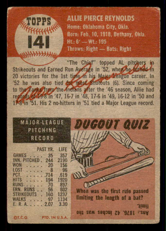 1953 Topps Baseball #141 Allie Reynolds Yankees Fair 546986