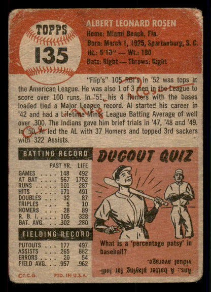1953 Topps Baseball #135 Al Rosen Indians Fair 546987