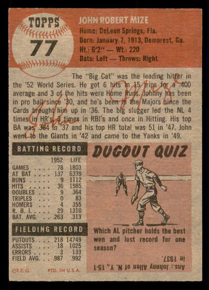 1953 Topps Baseball #077 Johnny Mize Yankees EX-MT 546991