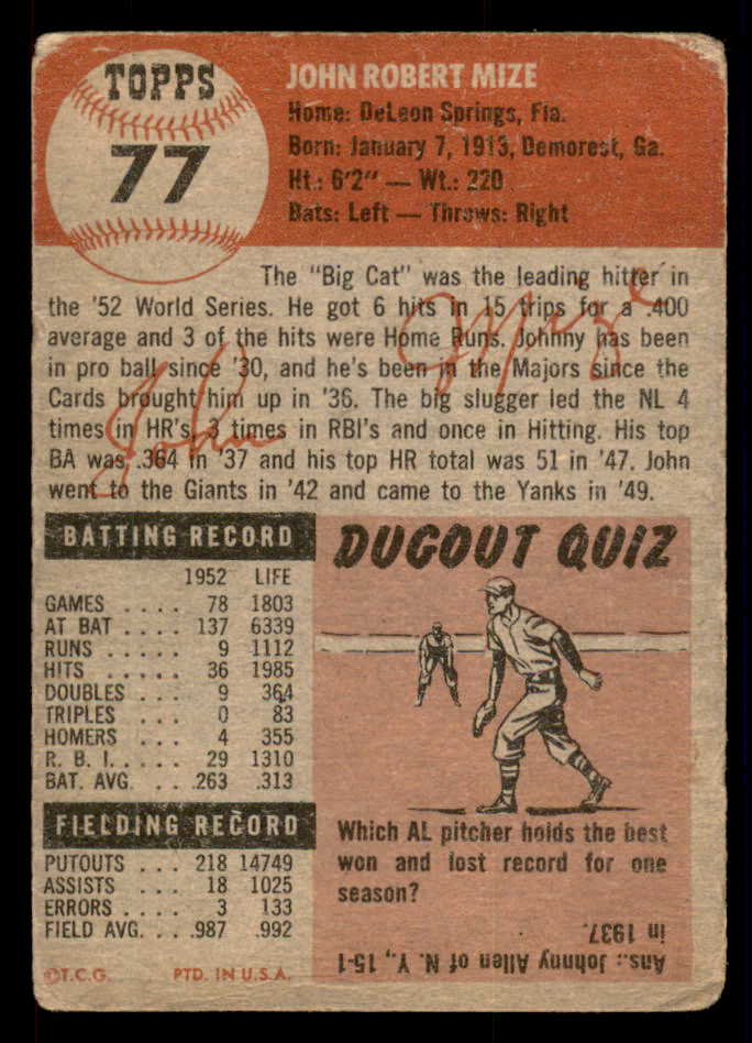 1953 Topps Baseball #077 Johnny Mize Yankees Good 546992