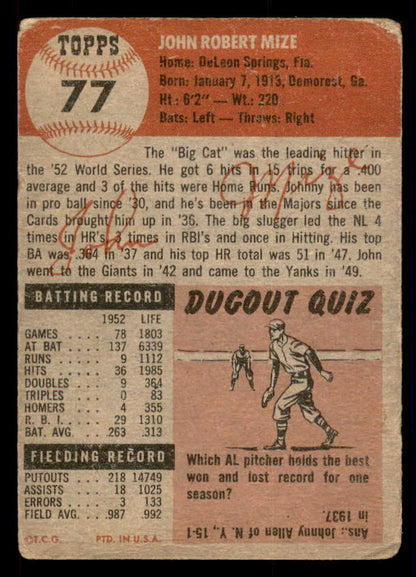 1953 Topps Baseball #077 Johnny Mize Yankees Good 546992