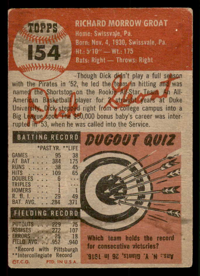 1953 Topps Baseball #154 Dick Groat Pirates Good 546997