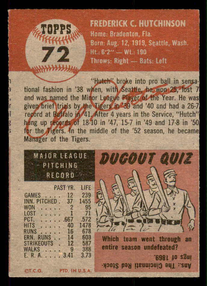 1953 Topps Baseball #072 Fred Hutchinson Tigers VG-EX 547000
