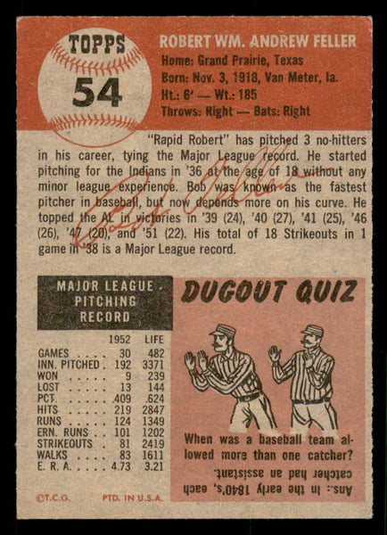 1953 Topps Baseball #054 Bob Feller Indians EX 547010